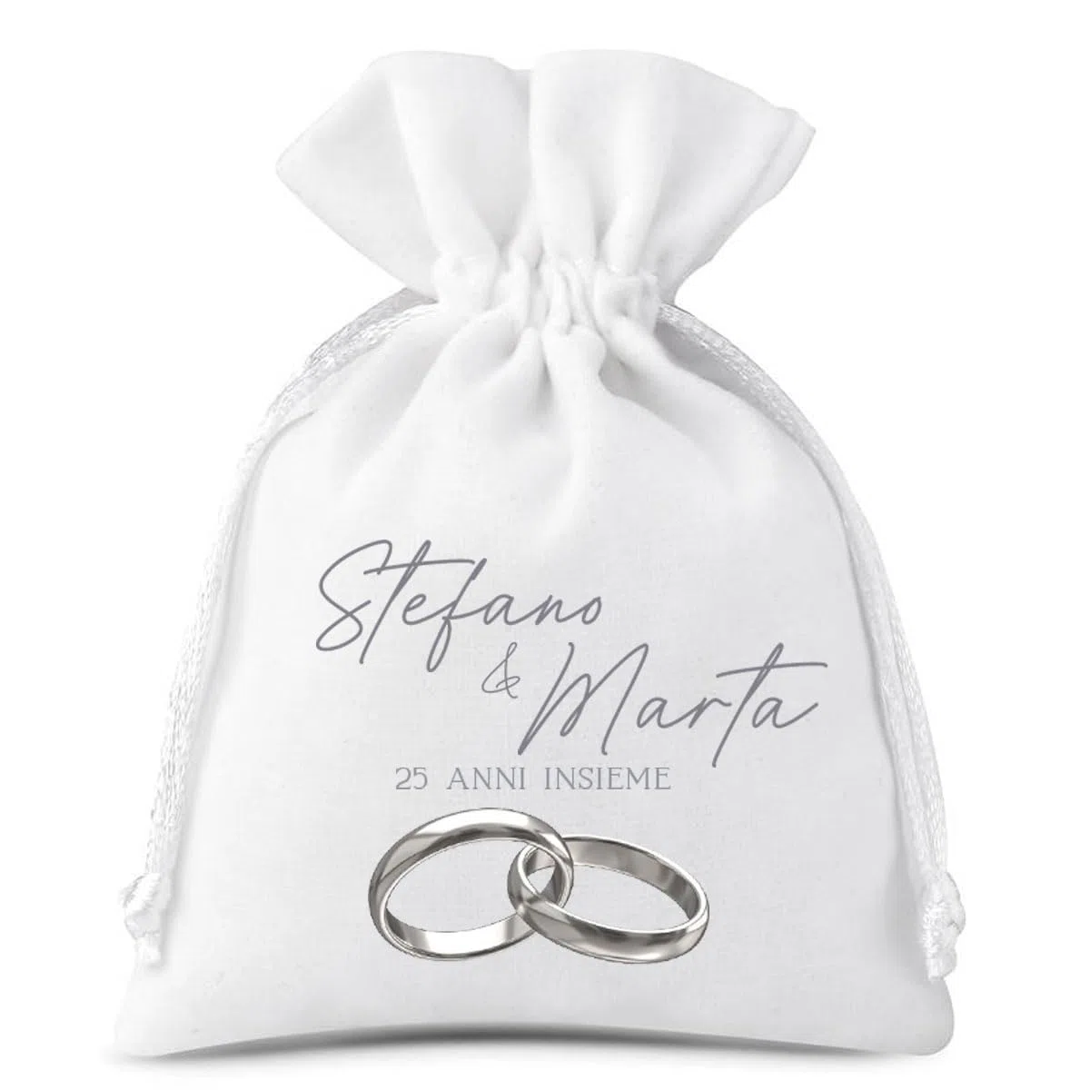 Sacchetti portaconfetti bianchi con stampa 25 anni matrimonio nozze d'argento anniversario 30 pz personalizzabili con nome degli sposi sposo sposa marito moglie e data dell'evento