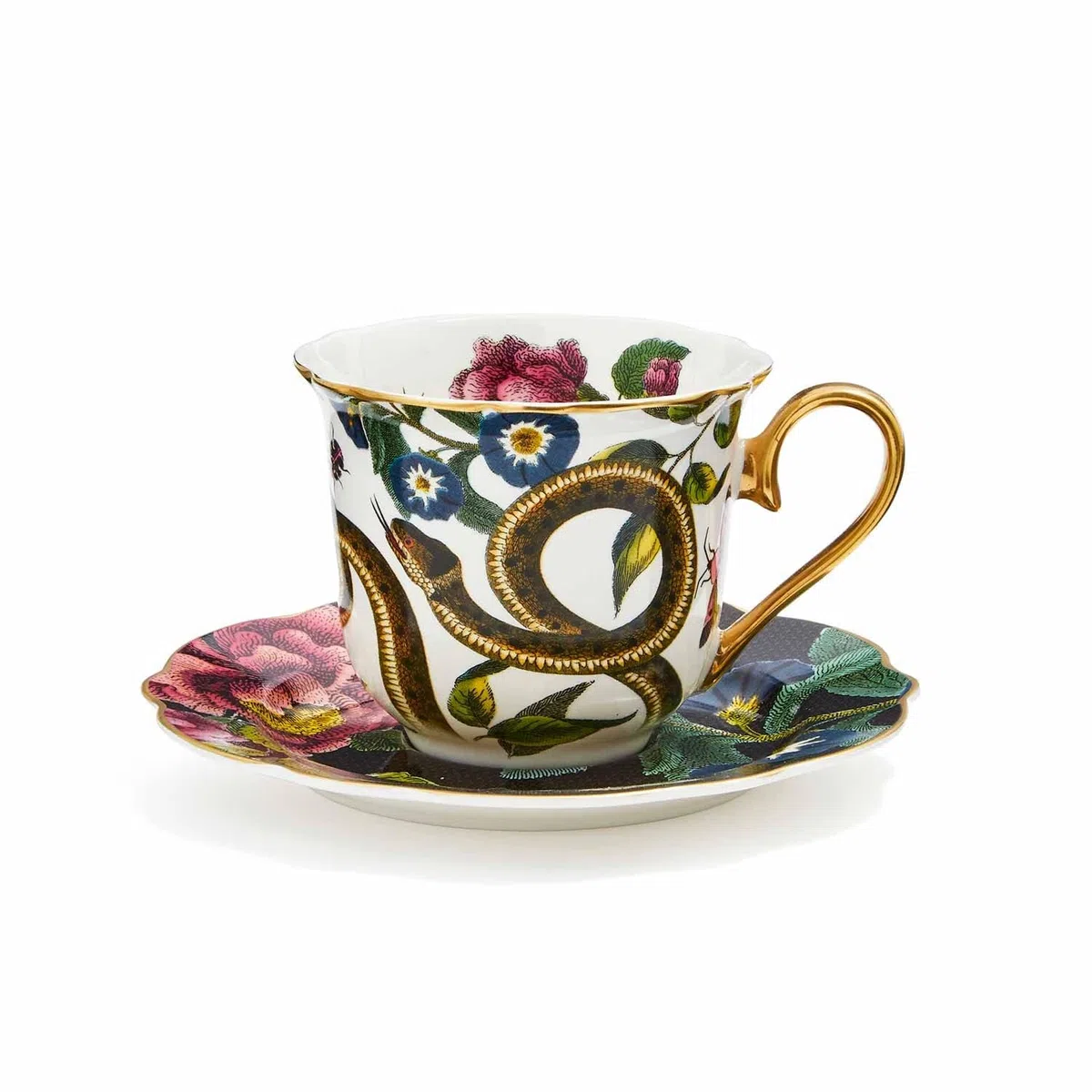 Spode Creatures of Curiosity - Tazza da tè e piattino, con motivo serpente nero scanalato