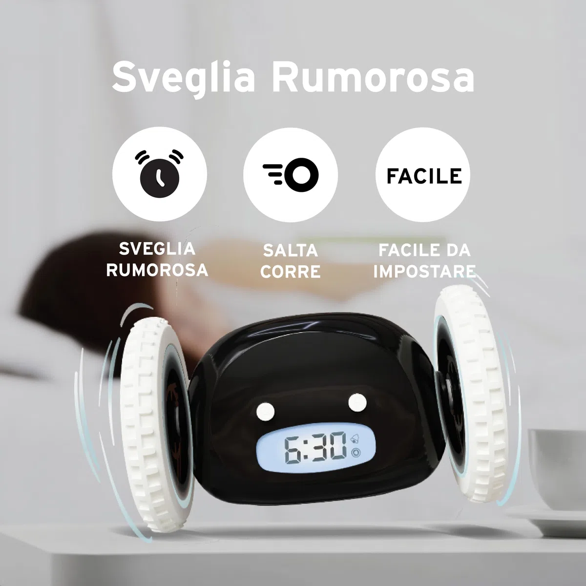 CLOCKY Sveglia Rumorosa per chi ha il Sonno Pesante Dormiglioni Pesante Sordi Ruote Sveglia Digitale da Comodino per Dormienti Rumorissima Adulti Bambini che Scappa Cammina Regali Divertenti (Nero)