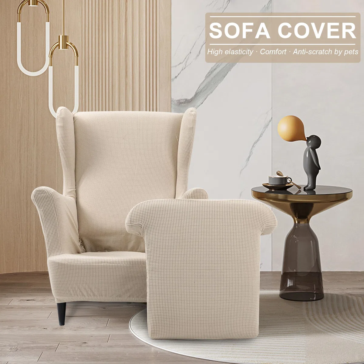 TIANSHU Copripoltrona con Orecchie Elastico, Copripoltrona 1 Posto con Fodera Per Cuscino Tessuto Jacquard Spandex con Fondo Elastico per Soggiorno Camera Da Letto Hotel (Tipo B, Beige)