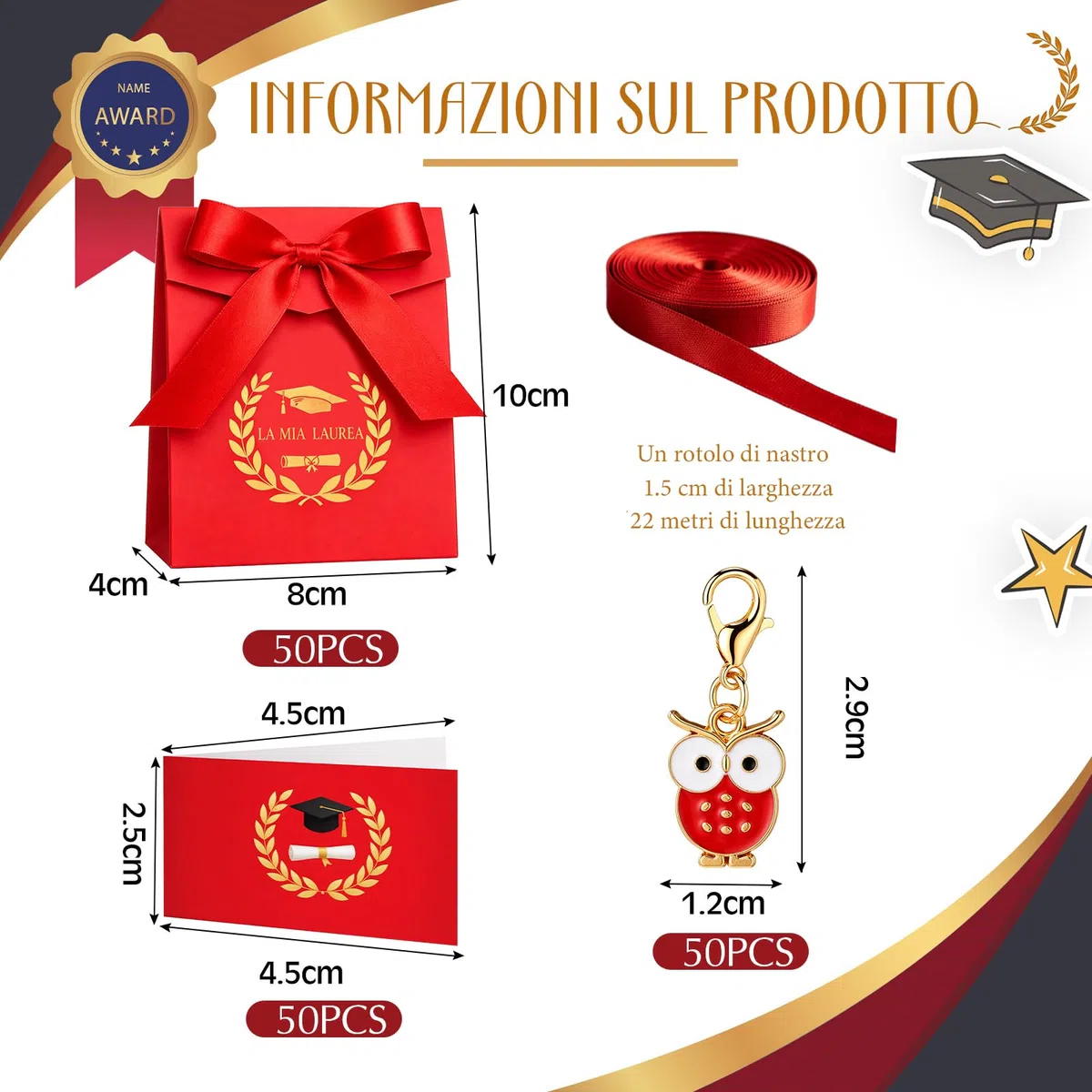 BBTO 50 Sets Scatoline Portaconfetti Laurea 50 Portachiavi Portafortuna 50 Scatoline Portaconfetti 50 Bigliettini Bomboniera 1 Nastro Regalo per Festa Cerimonia Decorazione(Gufo)