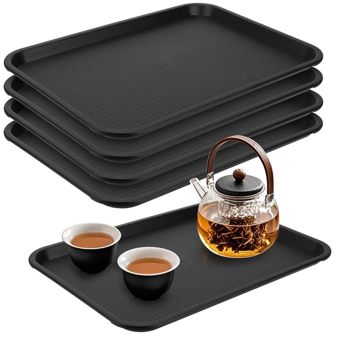 5 vassoi da portata in plastica, 40 x 30 cm, rettangolare, nero, fast food, vassoio da portata grande, in plastica antiscivolo per ristorante, caffetteria, cucina