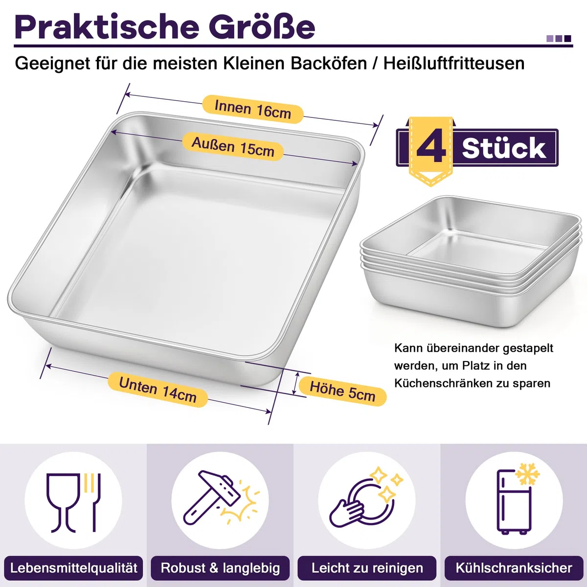 HaWare Set di 4 pirofile, quadrate, in acciaio inox, piccoli stampi rettangolari, ideali per lasagna/brownie/torte, sani e lavabili in lavastoviglie, 15 x 15 x 5 cm