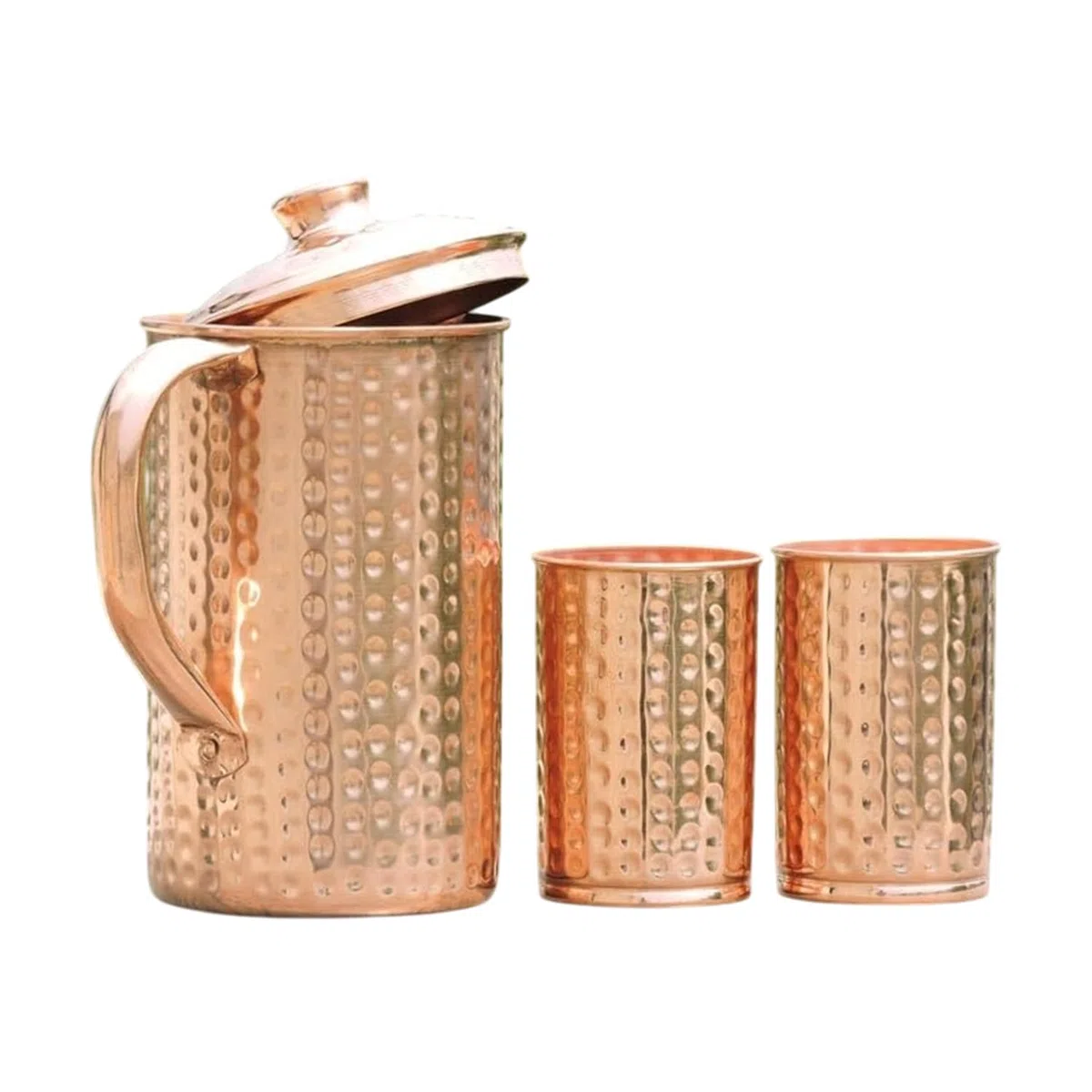Brocca in rame puro al 100% da 1500 ml con 2 bicchieri, brocca martellata per acqua potabile con bicchieri, set di brocca in rame con coperchio e tazze, borraccia con manico, benefici per