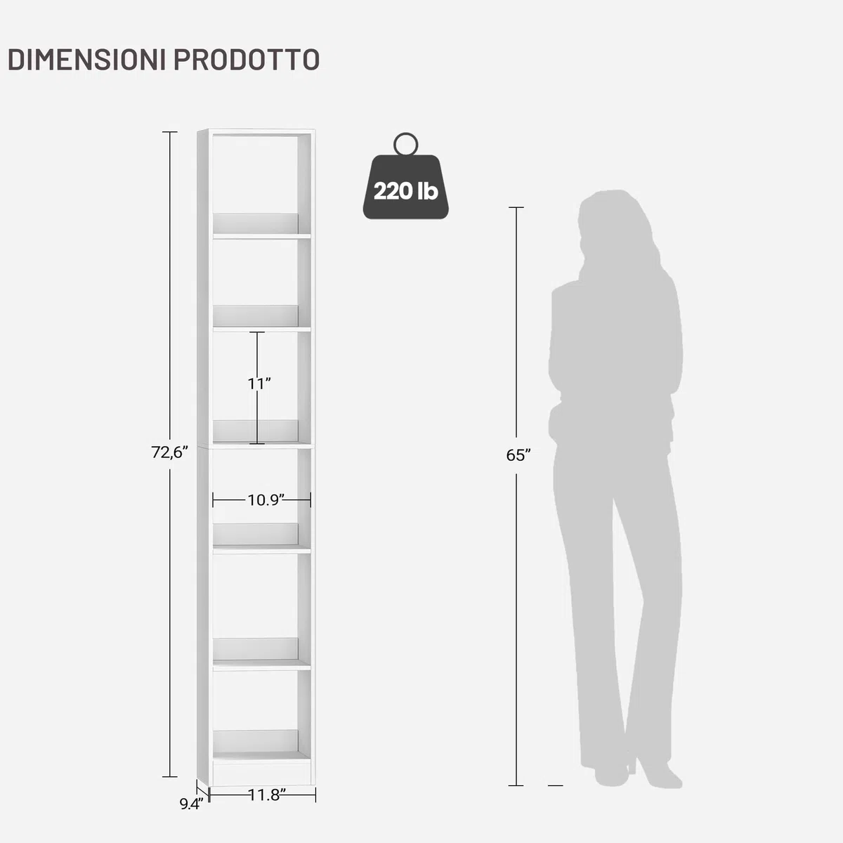 Hzuaneri Libreria a 6 Ripiani, Scaffale Libreria, 24 x 30 x 183 cm, per Soggiorno Studio Ufficio Camera da Letto, Bianco BC09603X