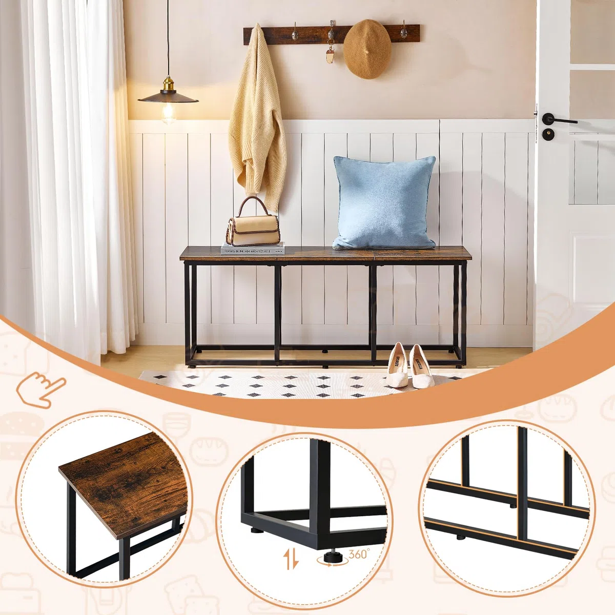 HOOBRO Sgabello da Pranzo, Panca da Cucina, Panchina da Ingresso, Stile Industriale, Panchina da Letto, Facile da Montare, per Sala da Pranzo, Camera da Letto, Marrone Vintage e Nero EBF45CD01