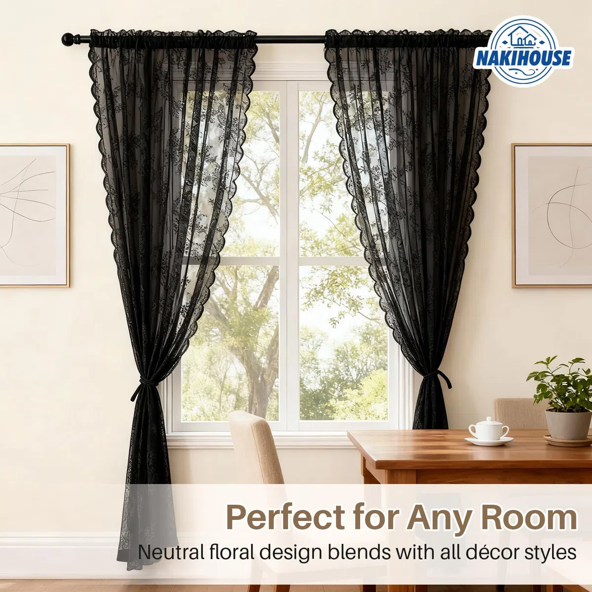 Tenda in Voile di Pizzo, 2 Pannelli Tende a Rete per Finestre 244 cm Drop, Eleganti Tende Trasparenti a Passanti, Filtraggio Luce Voile Neri per Camera da Letto Soggiorno, Tende per Finestre