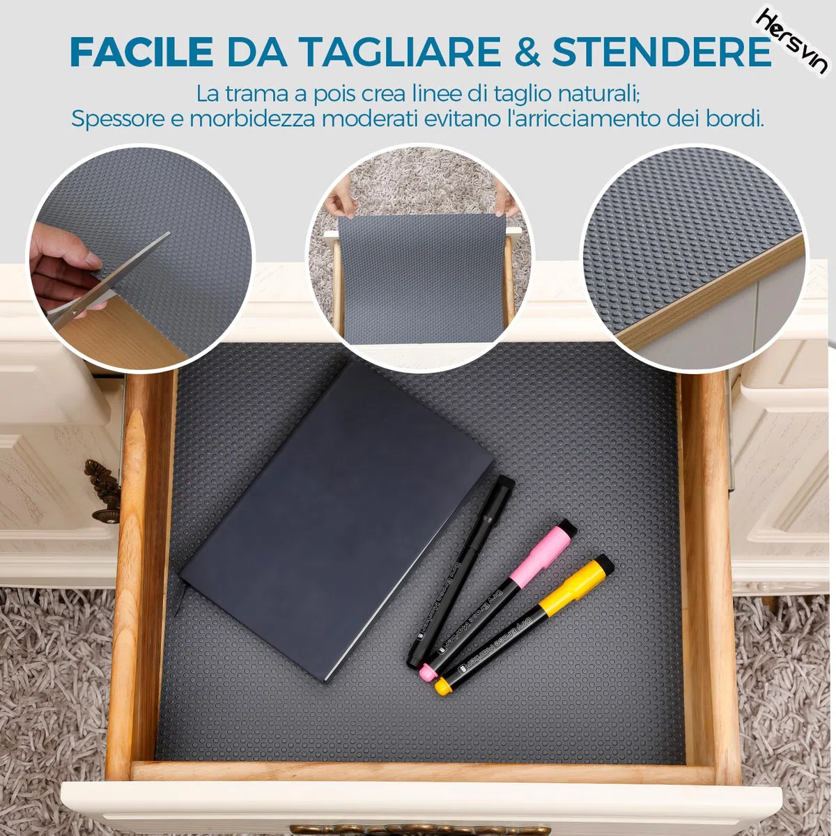 Hersvin Tappetino per Cassetti Cucina, 60cm x 500cm Non-adesivo Rotolo Plastica, Tappetini Salva Mobili, Rivestimento Protezione Ripiani, Proteggi Superficie (Grigio Scuro/Puntino)