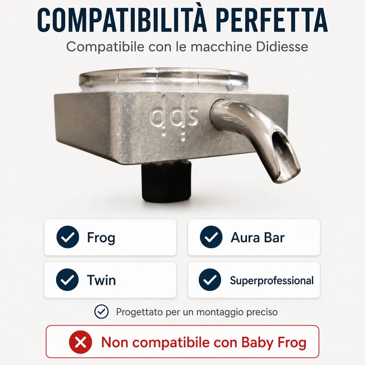 Portacialda Originale in ALLUMINIO per Didiesse Frog per Macchine da Caffè. Completo e già assemblato (Porta cialda in alluminio + Filtro Acciaio + Beccuccio Cromato + Dado in plastica + 2 Spessori)