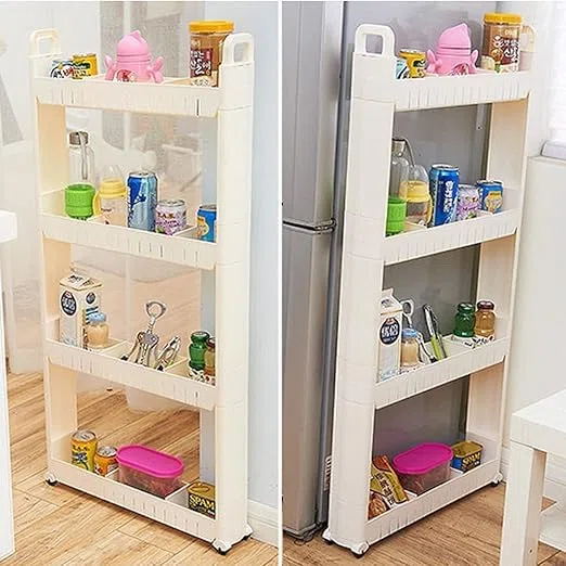 BAKUGO Carrellino Salvaspazio A Ruote Sottile A 3 Livelli, Organizzatore Di Scaffali Mobili Per Ufficio, Buanderia, Bagno, Cucina, In Plastica, Bianco, Larghezza 10cm
