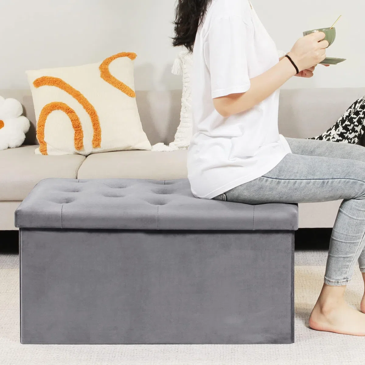 Bonlife Pouf Contenitore Velluto Poggiapiedi Camera da Letto Quadrato Cassapanca Bambini Sgabello di Stoccaggio Comodino Salvaspazio 80x40x40cm Grigio