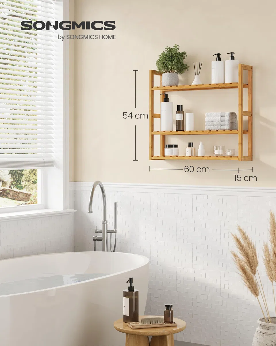 SONGMICS Mensole da Bagno, Scaffale da Bagno con 3 Ripiani Regolabili in Bambù, da Parete o da Terra, Porta Piante, per Soggiorno Balcone Cucina, 15 x 60 x 54 cm, Naturale BCB13Y