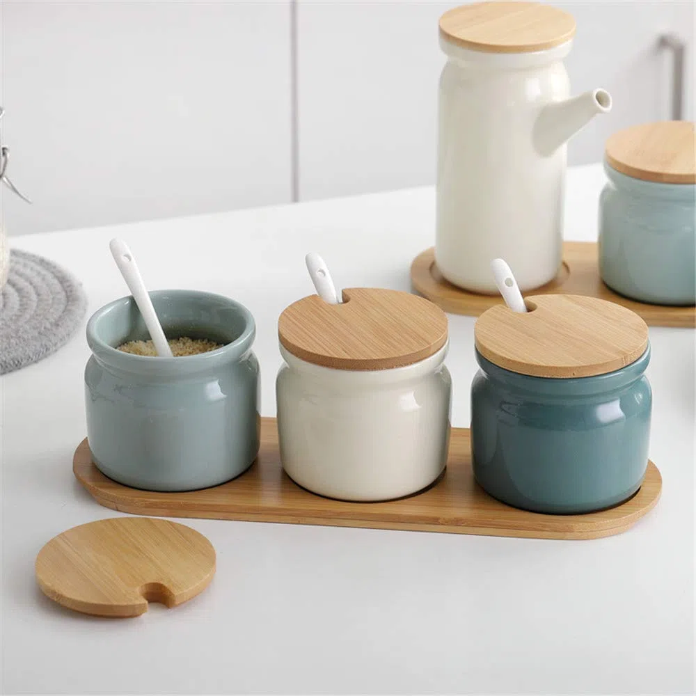 Set di 3 Zuccheriera in Ceramica, 300ml Contenitore per spezie barattoli spezie Rotonda con Coperchio e Cucchiaio, per Casa e Cucina
