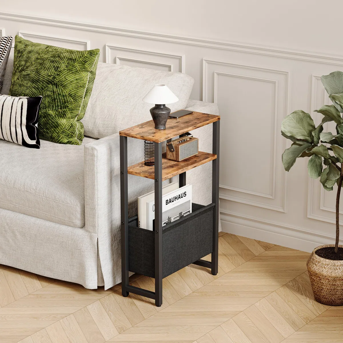 Tavolino da Divano Tavolino Sottile con Cestino in Tessuto 3 Livelli Mobiletto Salvaspazio Per Piccoli Spaz Comodino Stretto Moderno Per Soggiorno Camera Balcone Cucina Marrone rustico LET503R