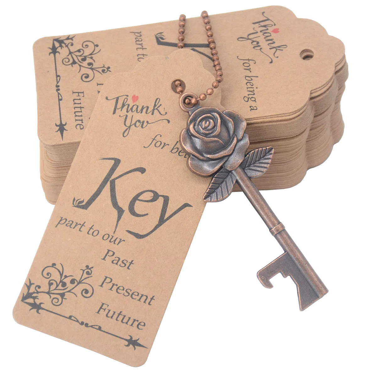 Aokbean 100 Pezzi Chiave Apribottiglie Bomboniera Rosone a Forma di Set per Battesimo/Matrimonio/Festa con Biglietto di Ringraziamento e Catenina (Rame Antico)