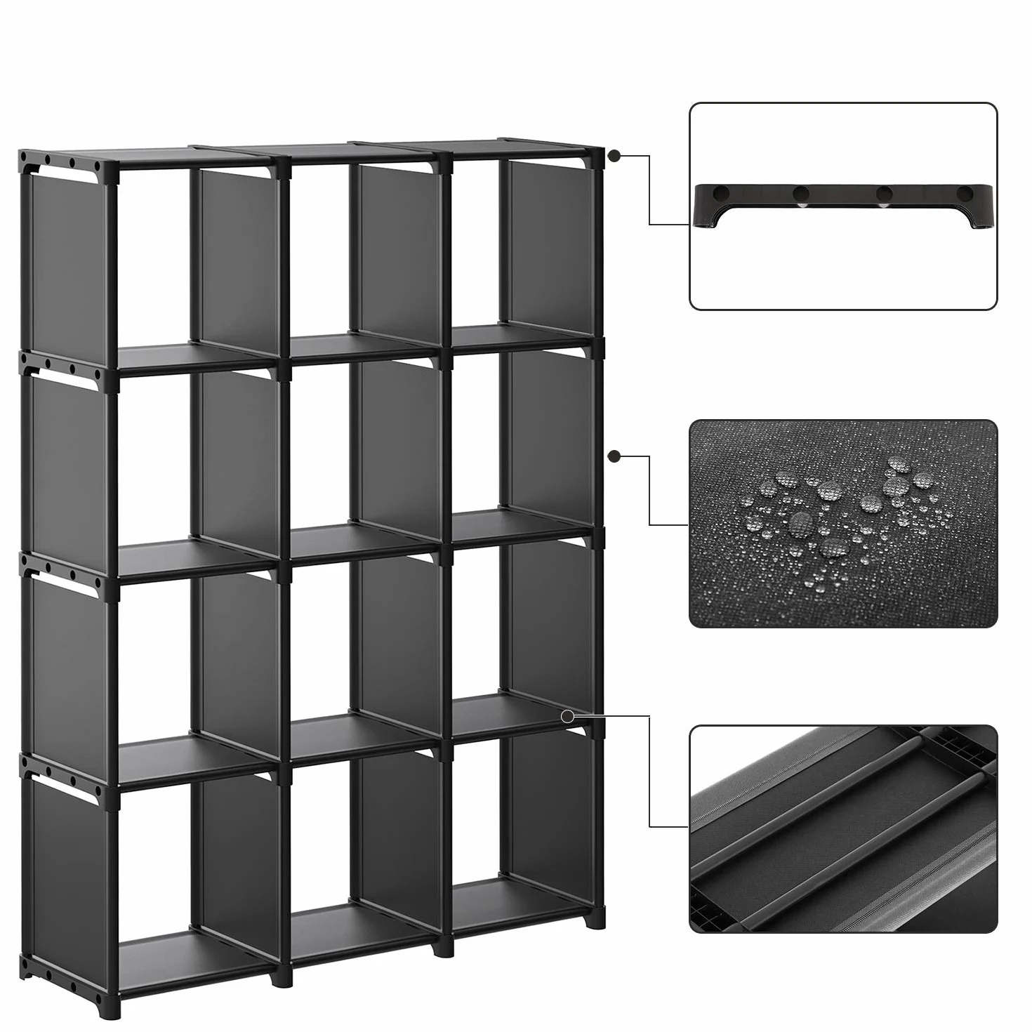 SONGMICS Armadietto Modulare a 12 Cubi, Scaffale Portaoggetti, Libreria per Decorazioni, Cornici per Foto, Organizzatore per Studio, Ufficio, Soggiorno, Nero LSN12BK