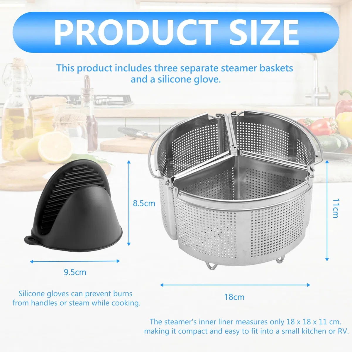 Cestello per Pasta Separata, 3 Pezzi Inserto per Cottura a Vapore con Guanti in Silicone 18 x 18 x 11 cm Cestelli Divisori in Acciaio Inox con Manici e Basi per Pasta Verdure Piccoli Frutti di Mare