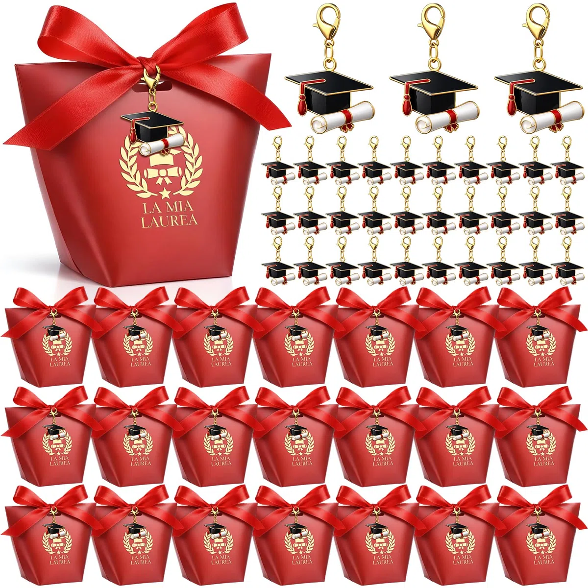 BBTO 50 Set Scatoline Portaconfetti Laurea Include 50 Scatoline Portaconfetti 50 Portachiavi con Cappello di in Smalto 1 Rotolo di Nastro Rosso Bomboniere Decorazione Fai da te Festa Laurea Regalo