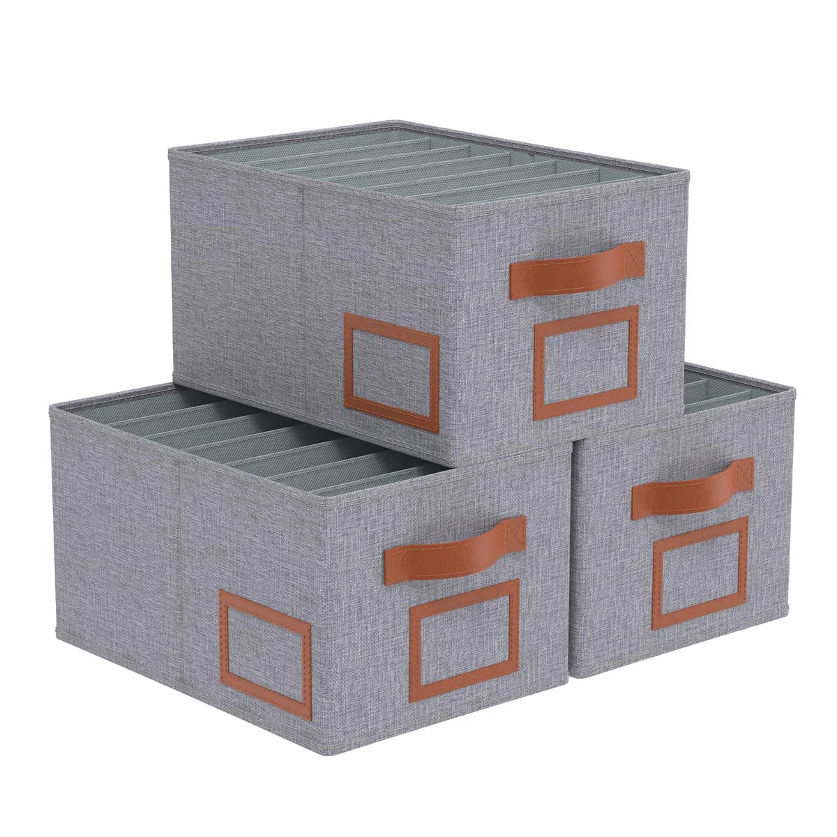 OUTBROS Jeans Organizer Armadio, 3 Pezzi Impilabile Cubi Cassetti, Pieghevole Divisori Contenitori, Scatole Portaoggetti con 7 Scomparti, per Pantaloni, Coperta, Maglione, Grigio