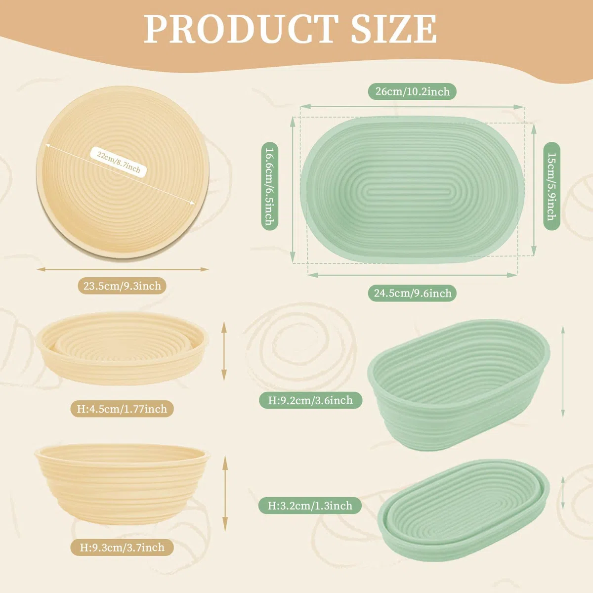 mumisuto Cestino Lievitazione Pane Silicone, 2 Pezzi Cestino per Lievitazione Pane Pieghevole, Cestino Pane 23,5 cm Rotondo & 26 cm Ovale, con 3 Spatole & 1 Pennello, per Pane Fatto in Casa e Pasta