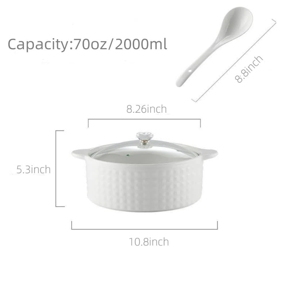 Tureen da zuppa con coperchio e mestolo, set da 2 l, in ceramica con coperchio in vetro, ciotole da zuppa con doppio manico, porcellana, bianco, adatto al microonde e lavastoviglie