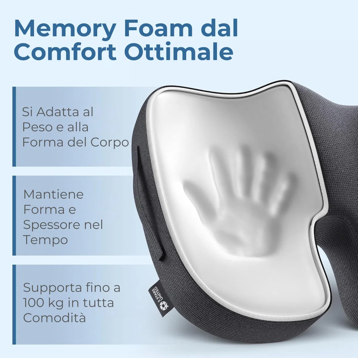 5 STARS UNITED Cuscino memory foam ergonomico per coccige e sedia ufficio, sollievo sciatica e mal di schiena, antiscivolo, fodera lavabile - Nero