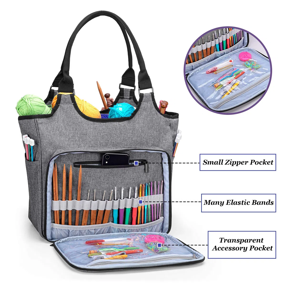Yarwo Borsa Lavoro a Maglia, Organizer per Lana Gomitolo, Filati e Ferri da Maglia, Borsa da Trasporto per Lavoro a Maglia e Uncinetto Accessori, Grigio con Motivo Ovale