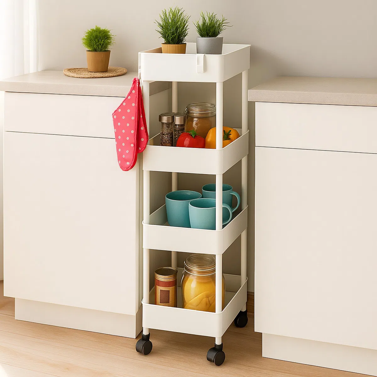 Relaxdays Carrello da Cucina Ruote, 4 Ripiani, Carrellino Portaoggetti per Bagno, Cibo o Detersivi, 93x40x22 cm, Bianco