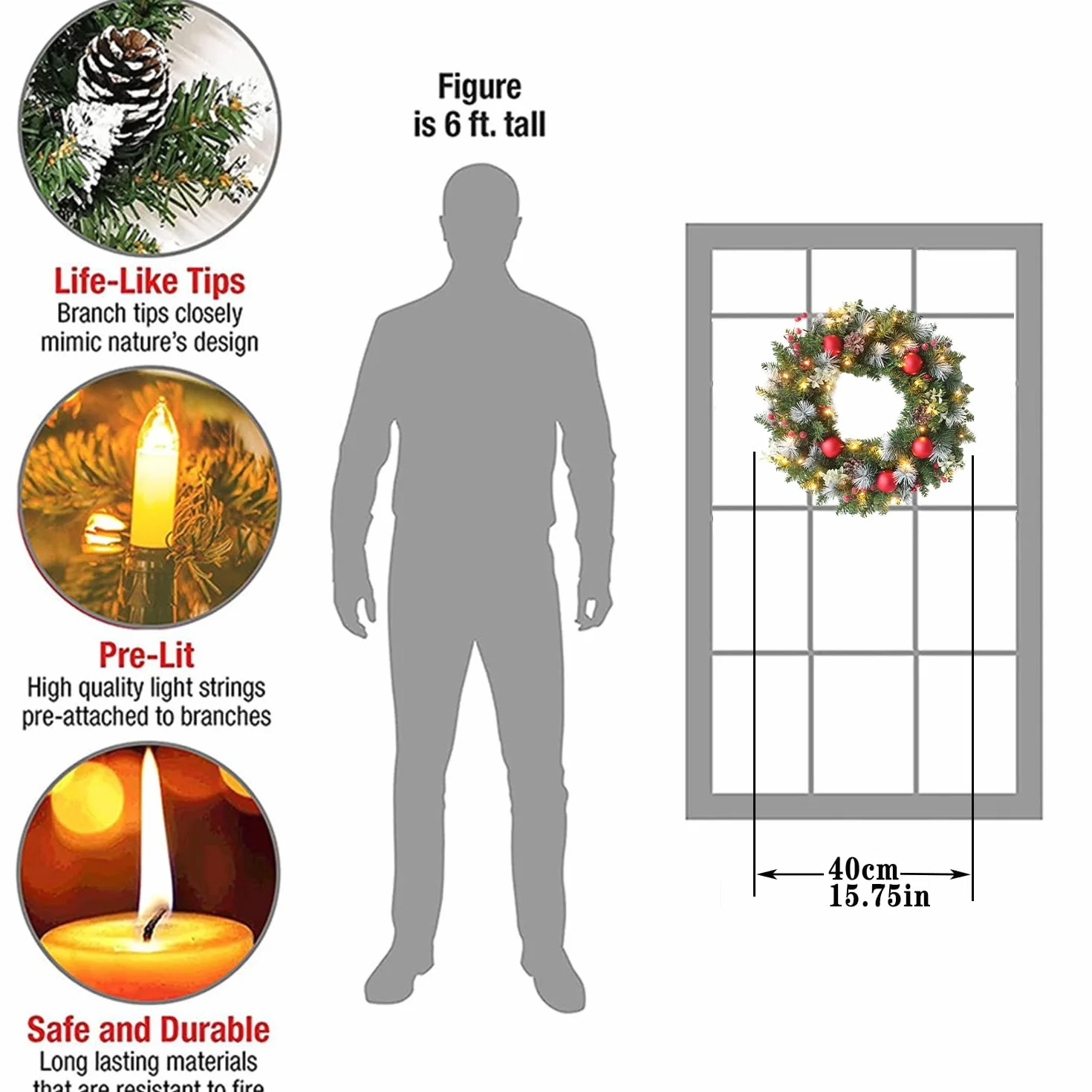 Ghirlanda natalizia da 40 cm, decorazioni per porta d'ingresso, con luci a LED e gancio, ghirlande artificiali per finestra, camino, decorazione natalizia da parete, per interni ed esterni,