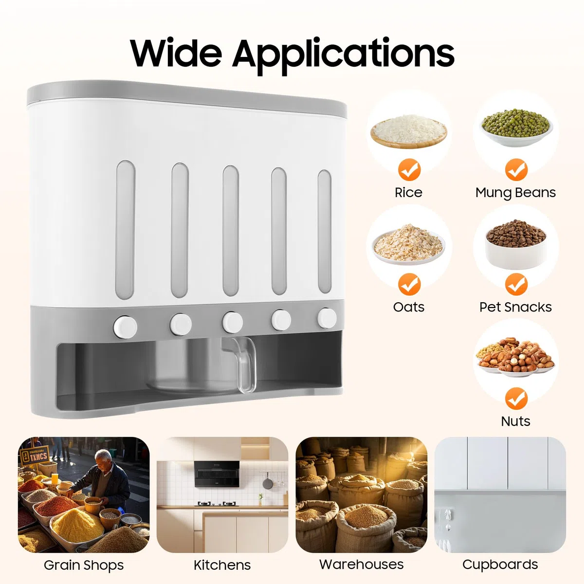 Dispenser per cereali a 5 scomparti trasparente (40 x 15 x 34 cm) con misurino, moderno dispenser per cereali per cornflakes, noci e riso, pratico contenitore da cucina con divisori