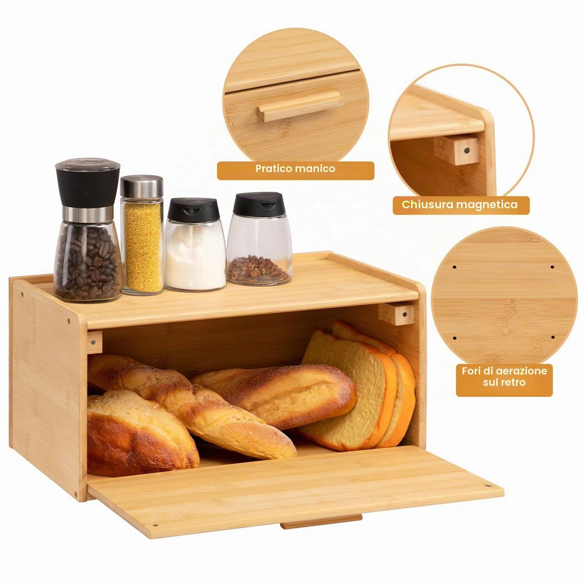 HollyHOME Contenitore per il Pane, Rettangolare Naturale in Bambù, con Coperchio Scorrevole, Portatile e Riutilizzabile
