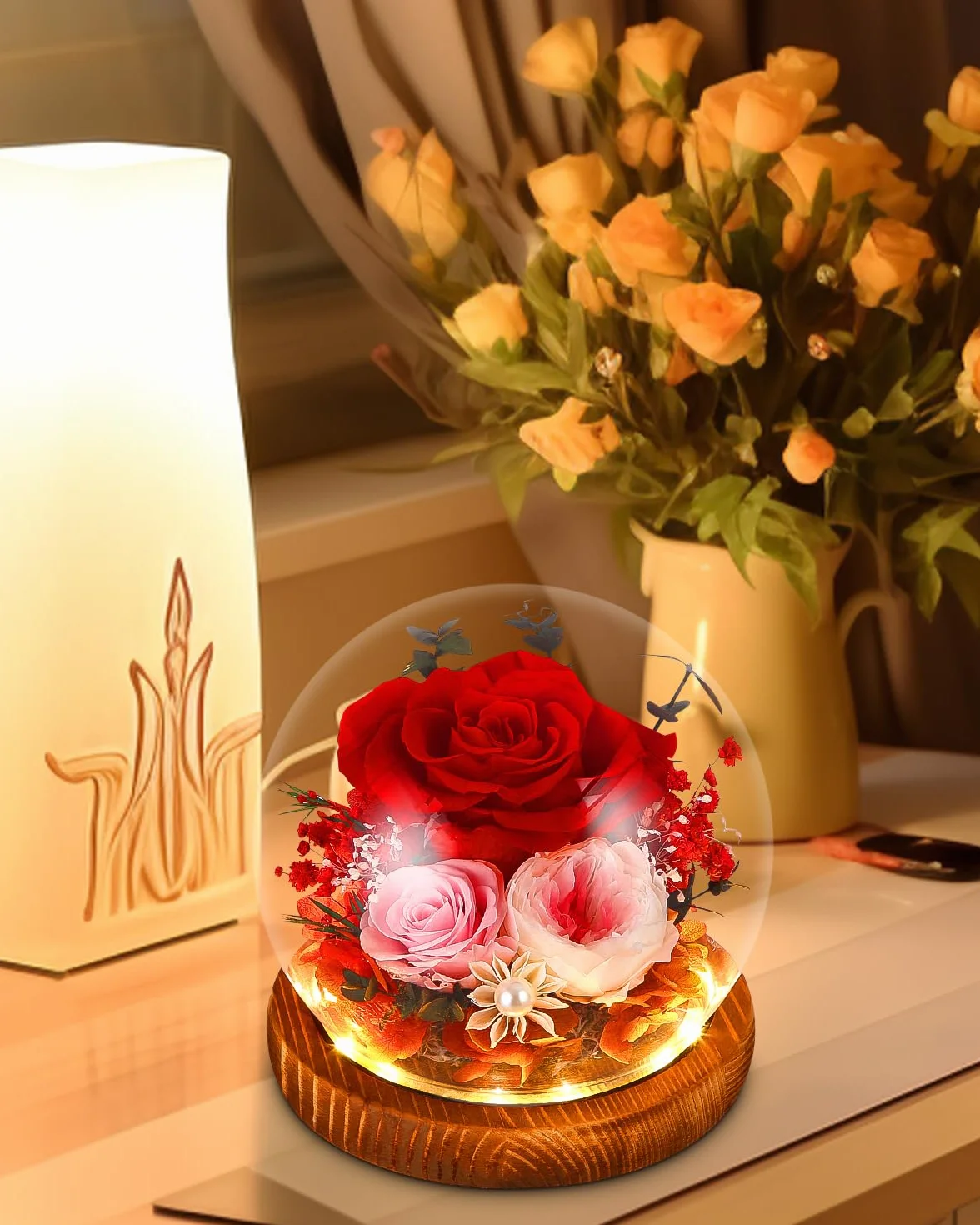 Rosa Eterna Stabilizzata, Vera Fiori Stabilizzati, LED Rosa Conservato Sfera di Cristallo, Regalo per Donne Mamma Moglie, Rosa Eterna Anniversario Compleanno San Valentino Natale Festa Della