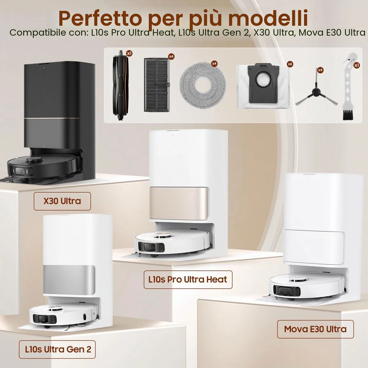 Accessori per Dreame L10s Pro Ultra Heat/L10s Ultra Gen 2/X30 Ultral/Mova E30 Ultra, Include 1 Spazzola Principale, 4 Spazzole Laterali, 4 Filtri, 4 Panni Mop, 6 Sacchetti a Vuoto, 1 Spazzola Piccola