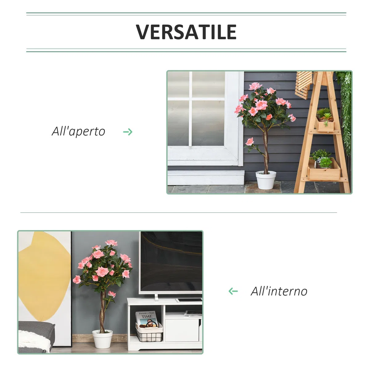 Outsunny Pianta Finta di Rosa da 21 Fiori con Vaso Riempito in Cemento e Muschio, Pianta Artificiale Anti-UV in Plastica e Tessuto, Ø18x90 cm, Rosa