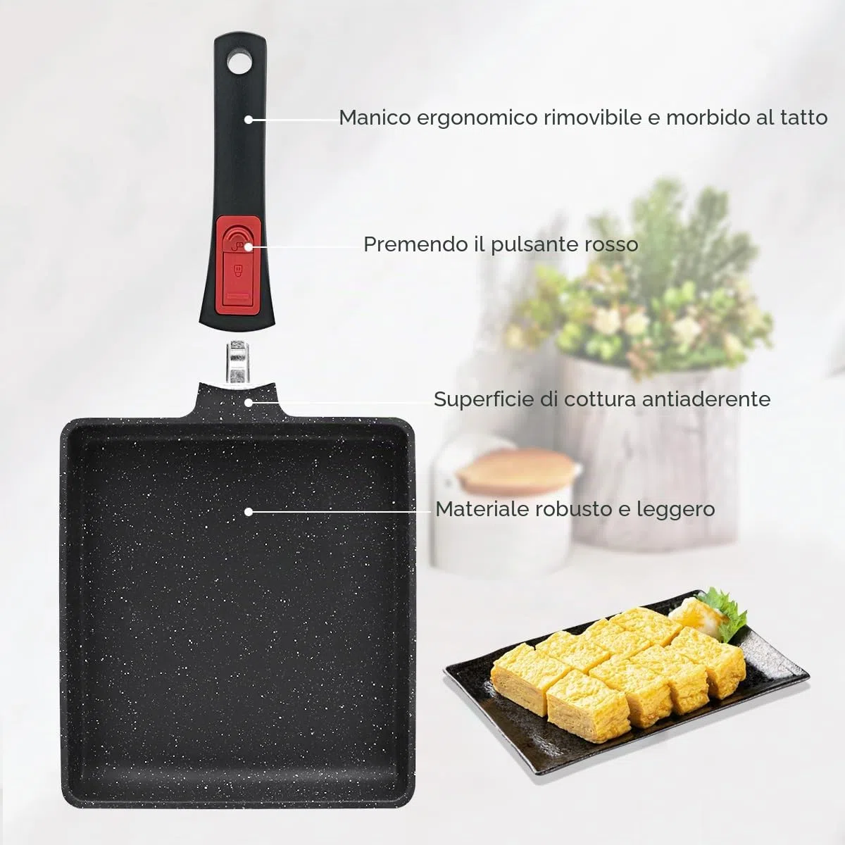 AIKENBBKK Tamagoyaki, padella grande per Omlette giapponese, antiaderente con manico rimovibile, 23 x 21 cm, resistente al forno (nero)