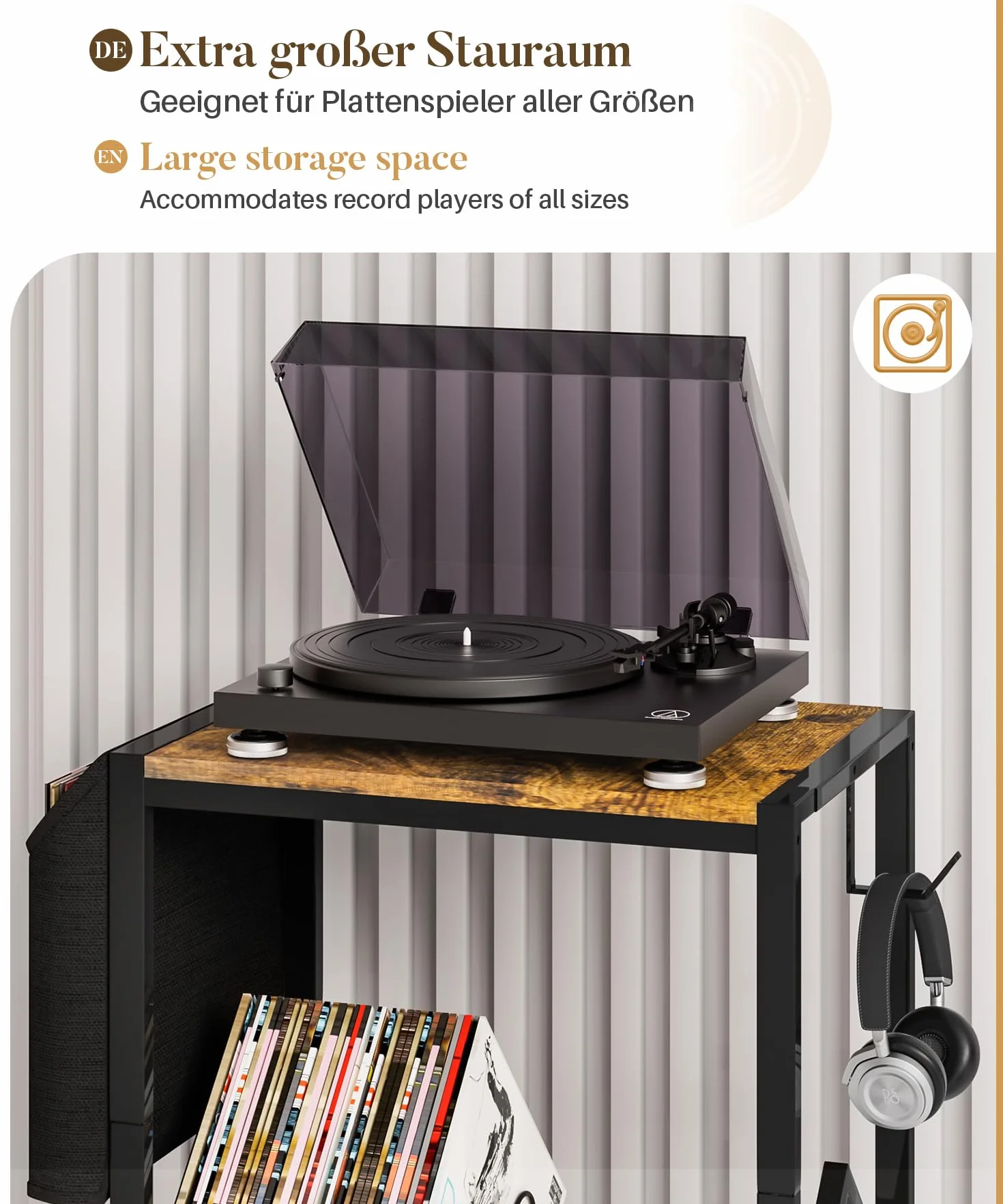 Yorbay - Supporto per dischi in vinile, con sacchetto organizzatore in tessuto e ganci, scaffale per giradischi in metallo fino a 200 album per soggiorno, camera da letto (Nero)