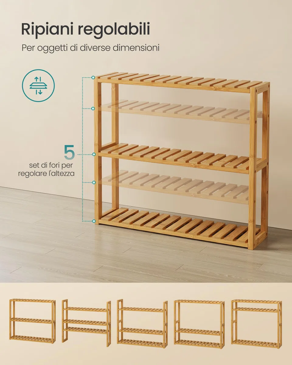 SONGMICS Mensole da Bagno, Scaffale da Bagno con 3 Ripiani Regolabili in Bambù, da Parete o da Terra, Porta Piante, per Soggiorno Balcone Cucina, 15 x 60 x 54 cm, Naturale BCB13Y
