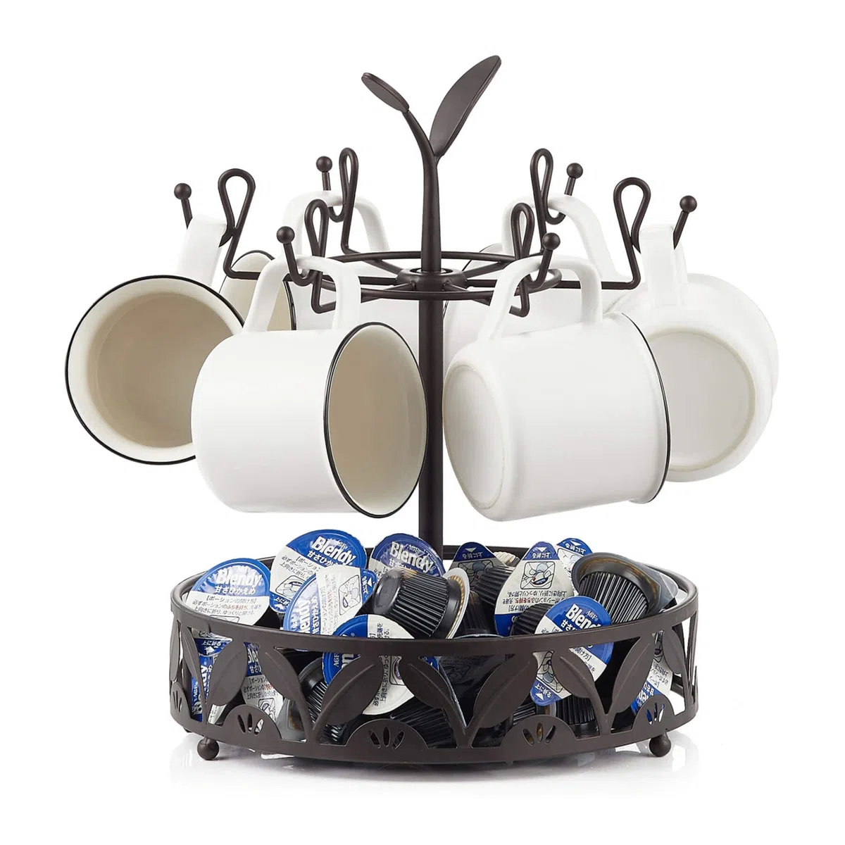 Porta tazze da caffè con contenitore per cialde di caffè, albero porta tazze girevole a 6 capacità, accessorio per bancone caffè e organizzatore da cucina