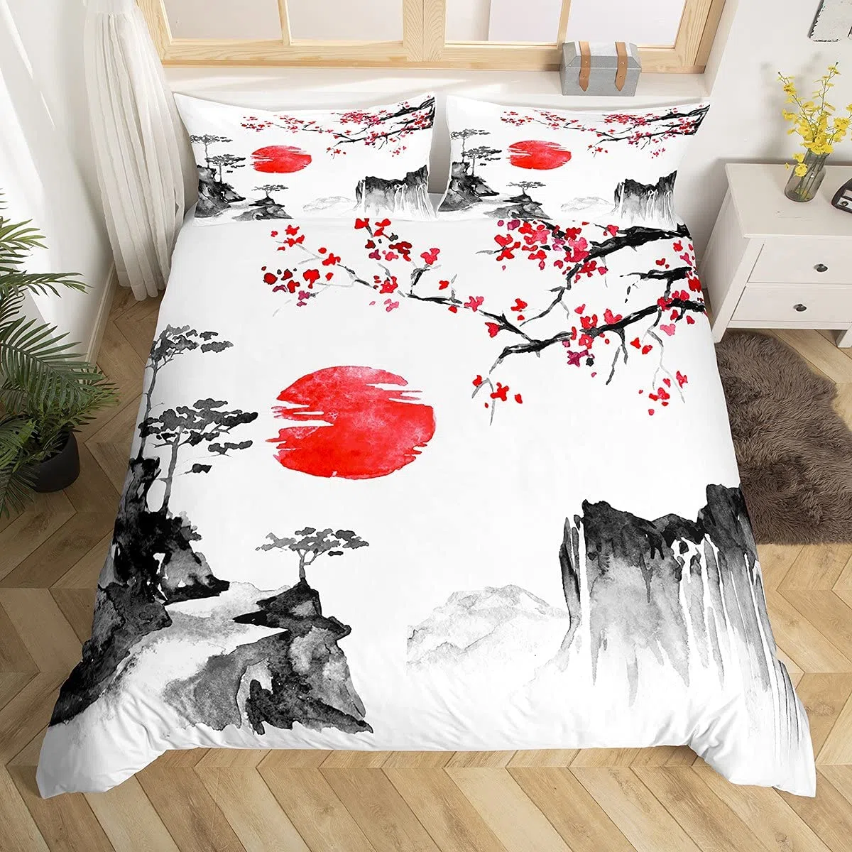 Loussiesd Set di Biancheria da Letto Ukiyoe Giapponese con Fiori di Ciliegio Rosso Sole, Copripiumino Esotico, 3 Pezzi, King Size