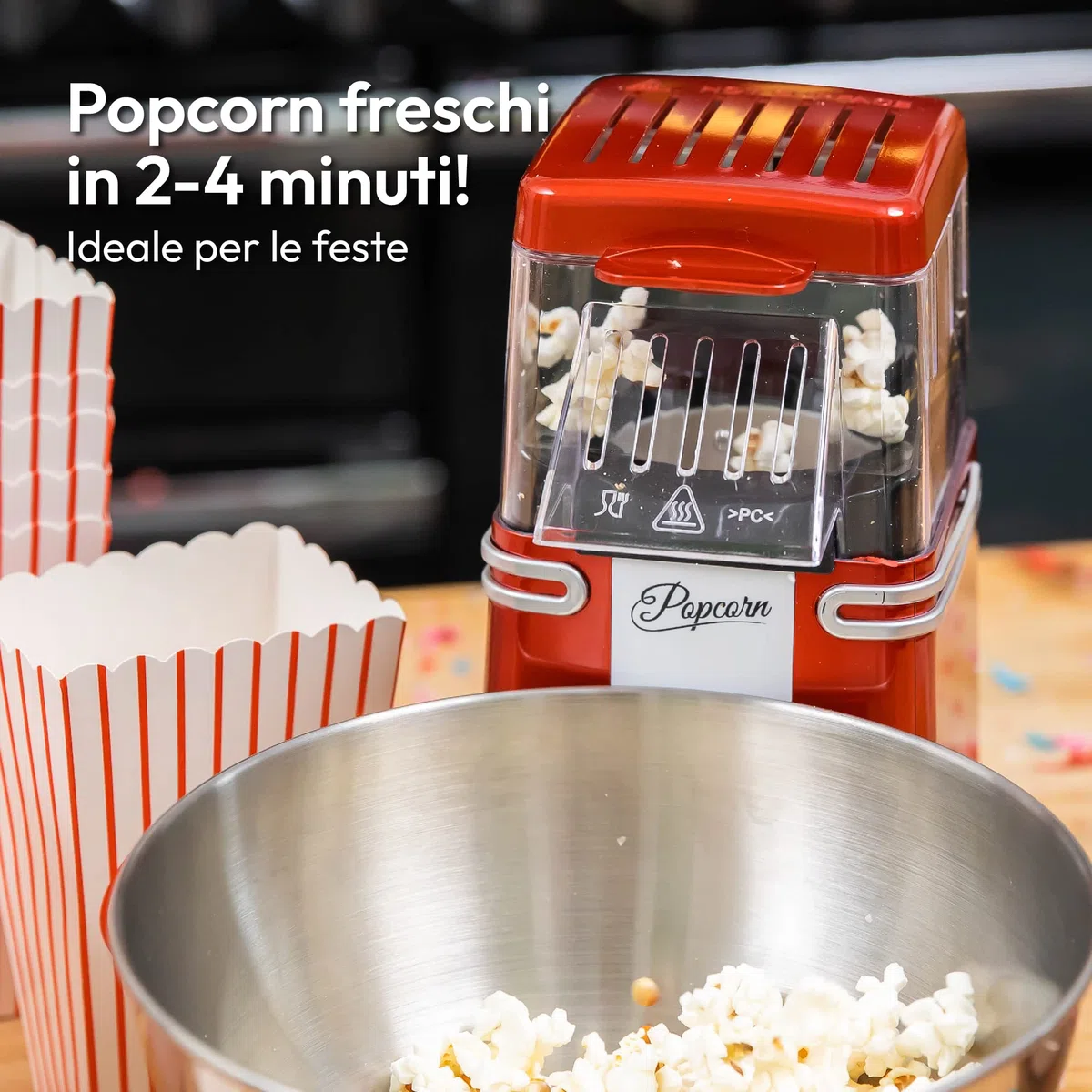 Gadgy Macchina Popcorn | Macchina per Pop Corn ad Aria Calda l Preparazione Salutare, Senza Olio o Grassi l 1200W Macchina Pop Corn con Misurino e Coperchio Superiore Rimovibile l Rosso Retrò