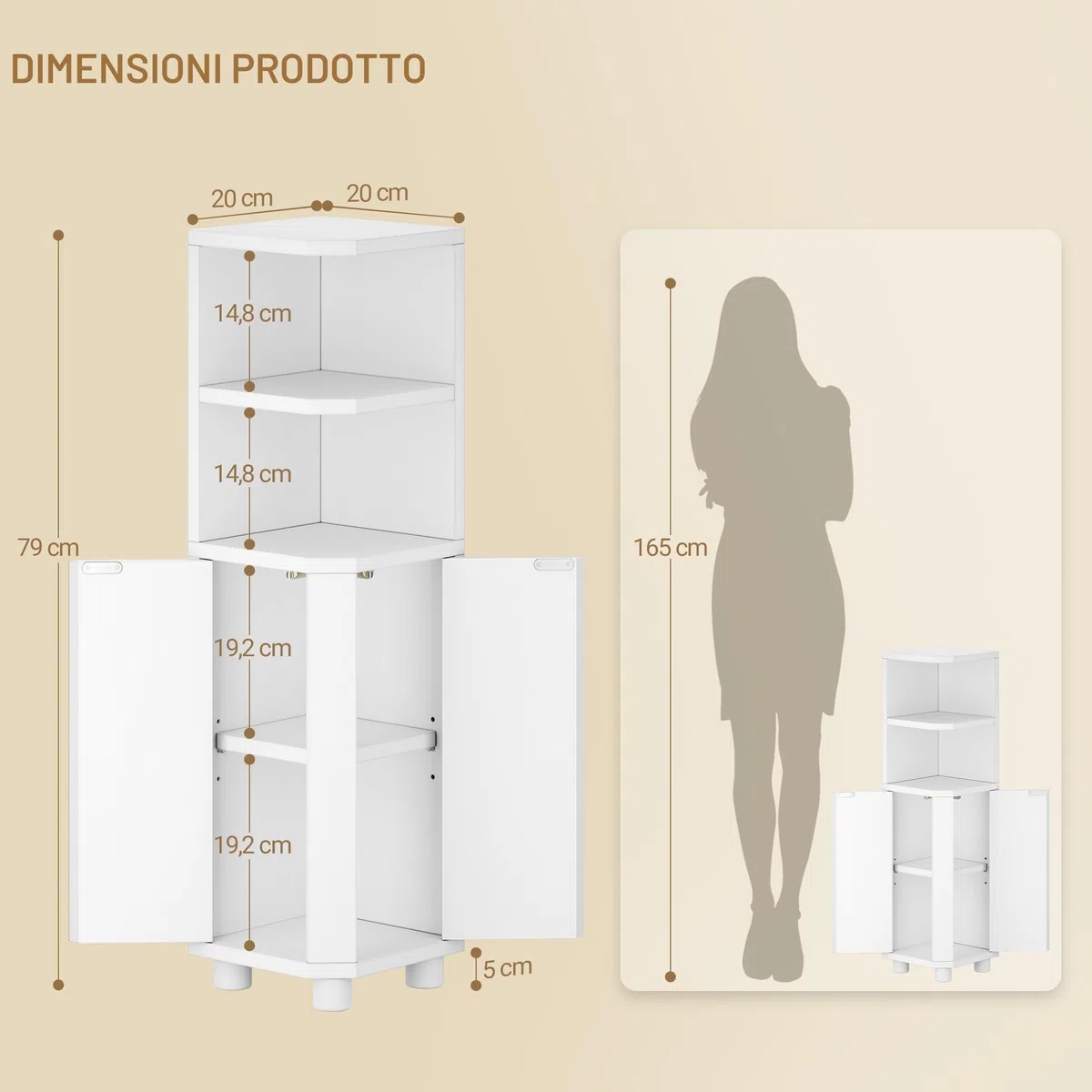 Hzuaneri Mobile da Bagno, Mobiletto Angolare per Bagno con Ante - Organizzatore Stretto per Water con Ripiano Regolabile, 2 Spazi Aperti e 2 Porte Laterali, 20 x 20 x 79 cm, Bianco BC20003X