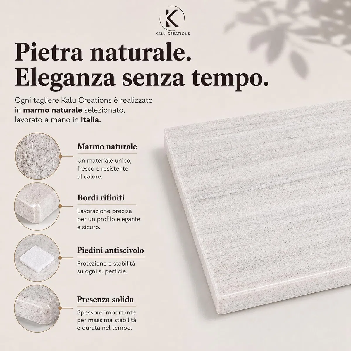 Tagliere in Marmo Kalu Creations 40 x 30 cm – Tagliere Marmo Cucina Artigianale Made in Italy, Lastra di Marmo per Aperitivo, Sushi, Formaggi e Salumi, Accessorio Design Tavola