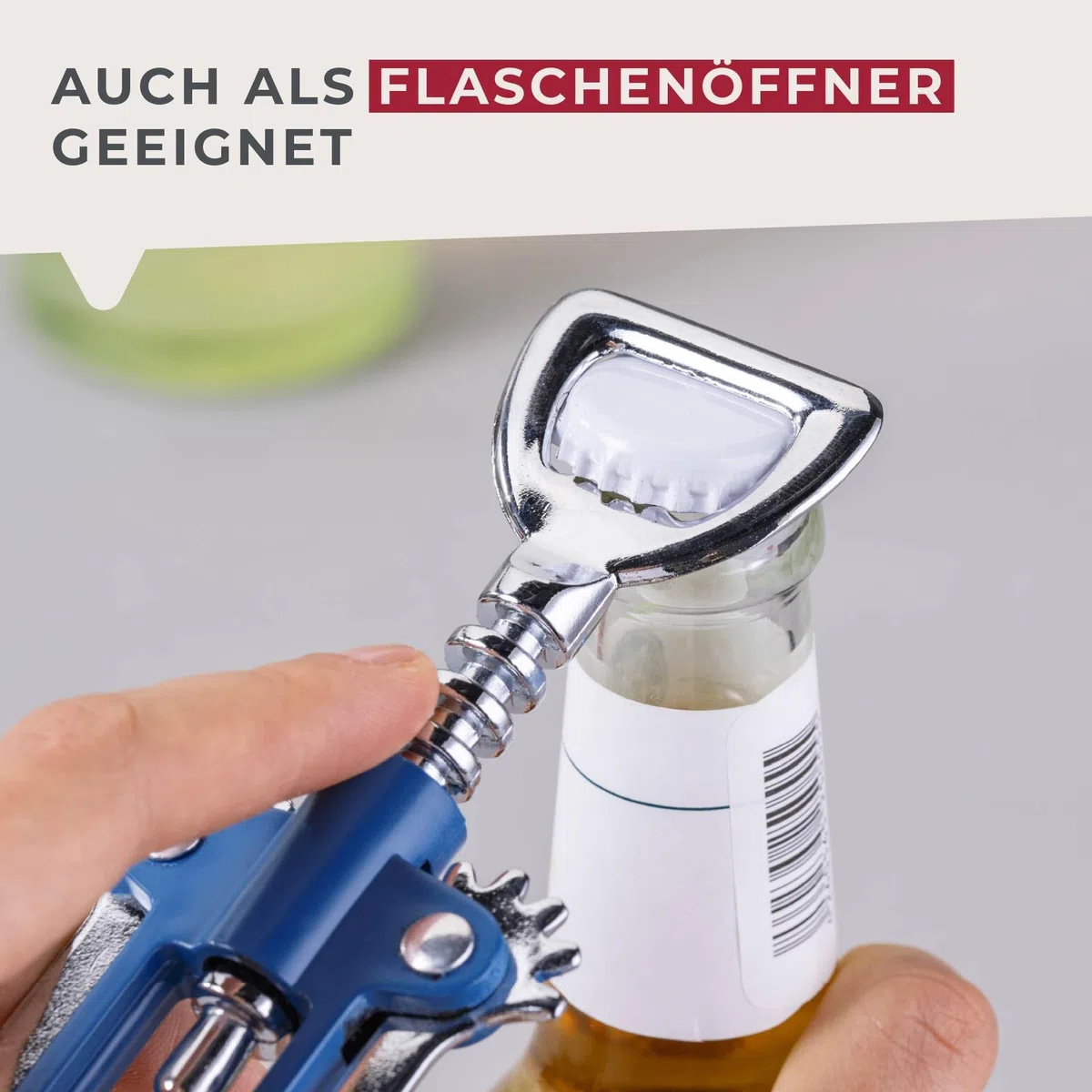 Fackelmann Cavatappi a leva Essential, apribottiglie multifunzione per vino & Co, blu scuro/argento