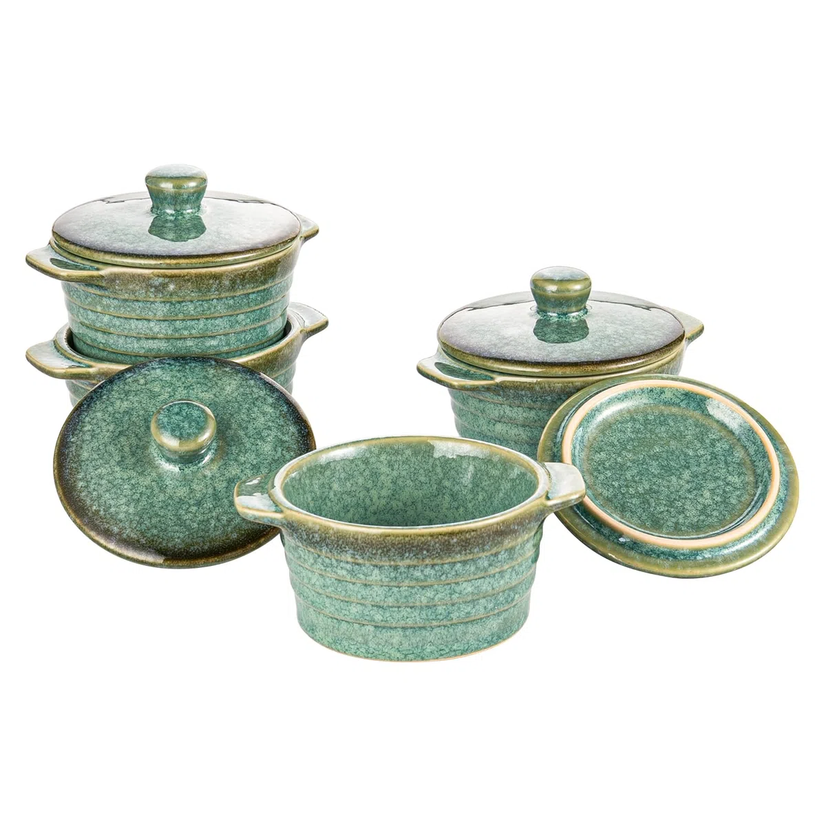 HENXFEN LEAD Mini Cocottes in gres porcellanato, 230 ml, pirottini per souffle con coperchio, set da 4 piccoli pirottini per casseruola, Verde Lucido