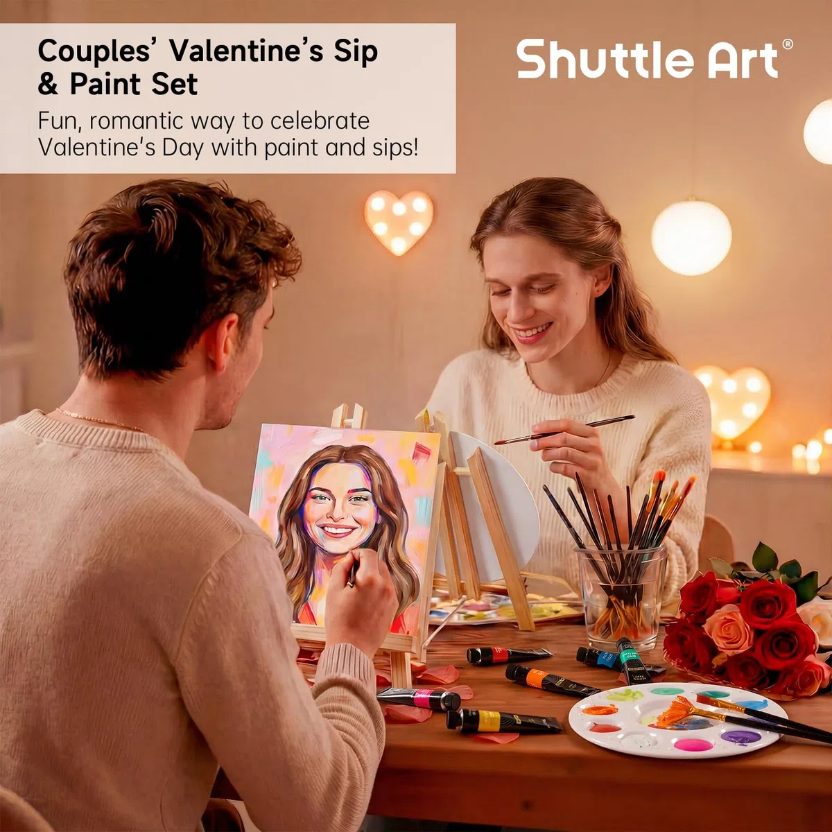 Shuttle Art Set di 58 Pezzi Colori Acrilici, Set per Pittura con 2 Confezioni da 15 Colori Acrilici, 2 Set di Cavalletti in Legno, Tela, Pennelli e Tavolozze, Set di Tela e Pittura per Adulti, Bambini