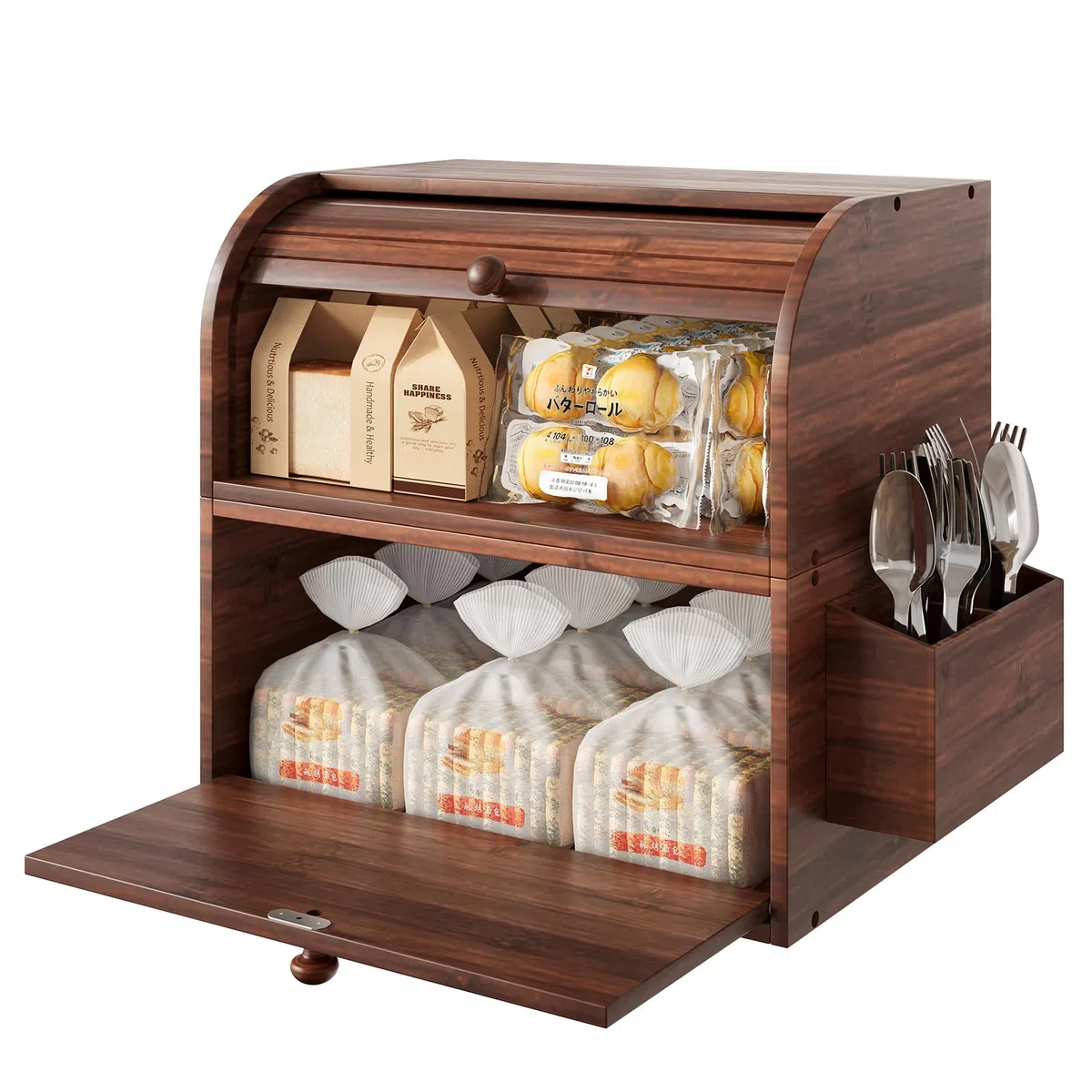 TQVAI Portapane Legno, Porta Pane da Cucina in Bambù Contenitore Grande 2 Ripian Capacità con Coperchio Arrotolabile Cestino per Posate, Marrone Retrò, 37,98 x 24,9 x 36,06CM(L*P*A)