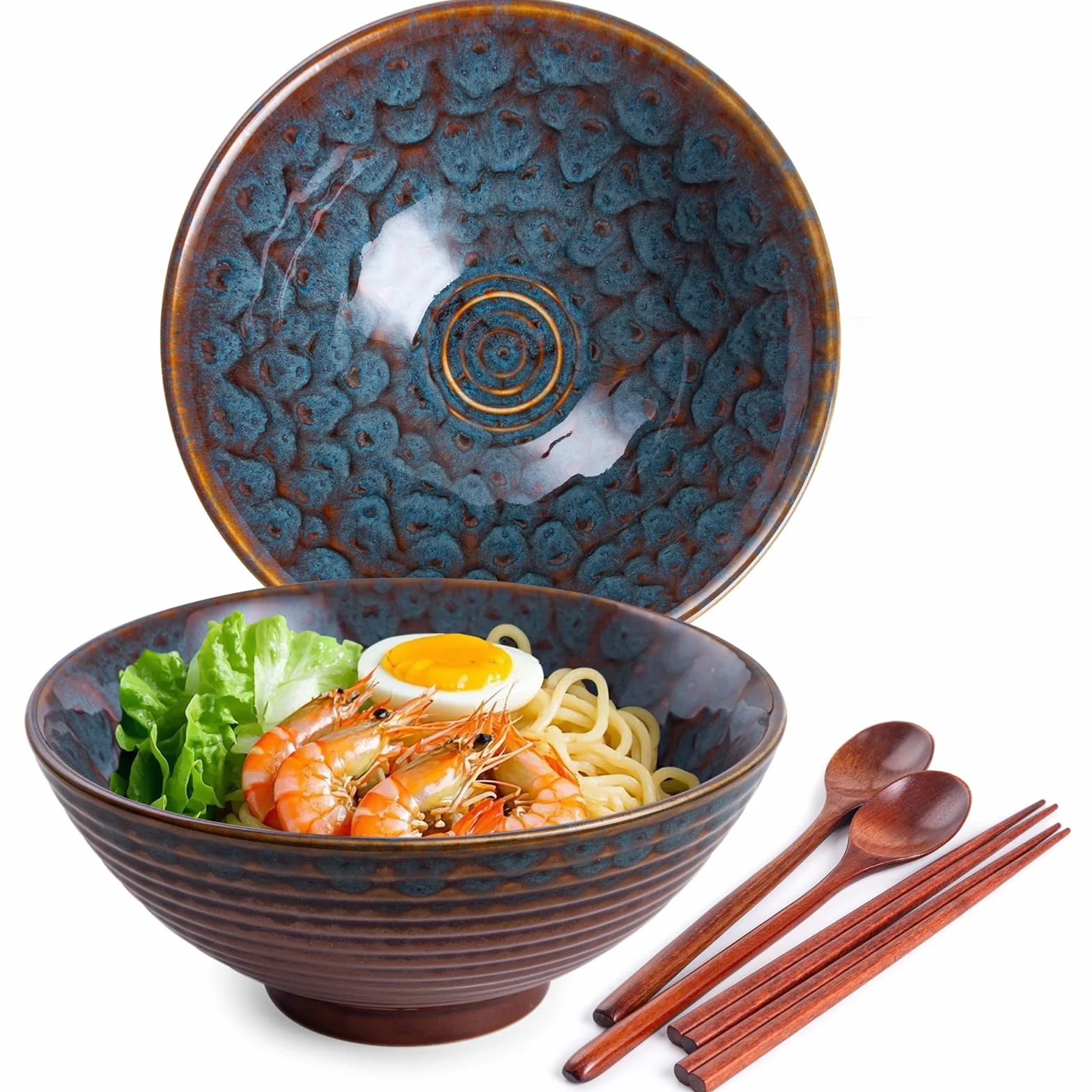 Set di 2 Ciotole Ramen Bowl Giapponesi in Ceramica per Ramen, Da 1200 ml, Con Cucchiai e Bacchette, Coda Di Pavone