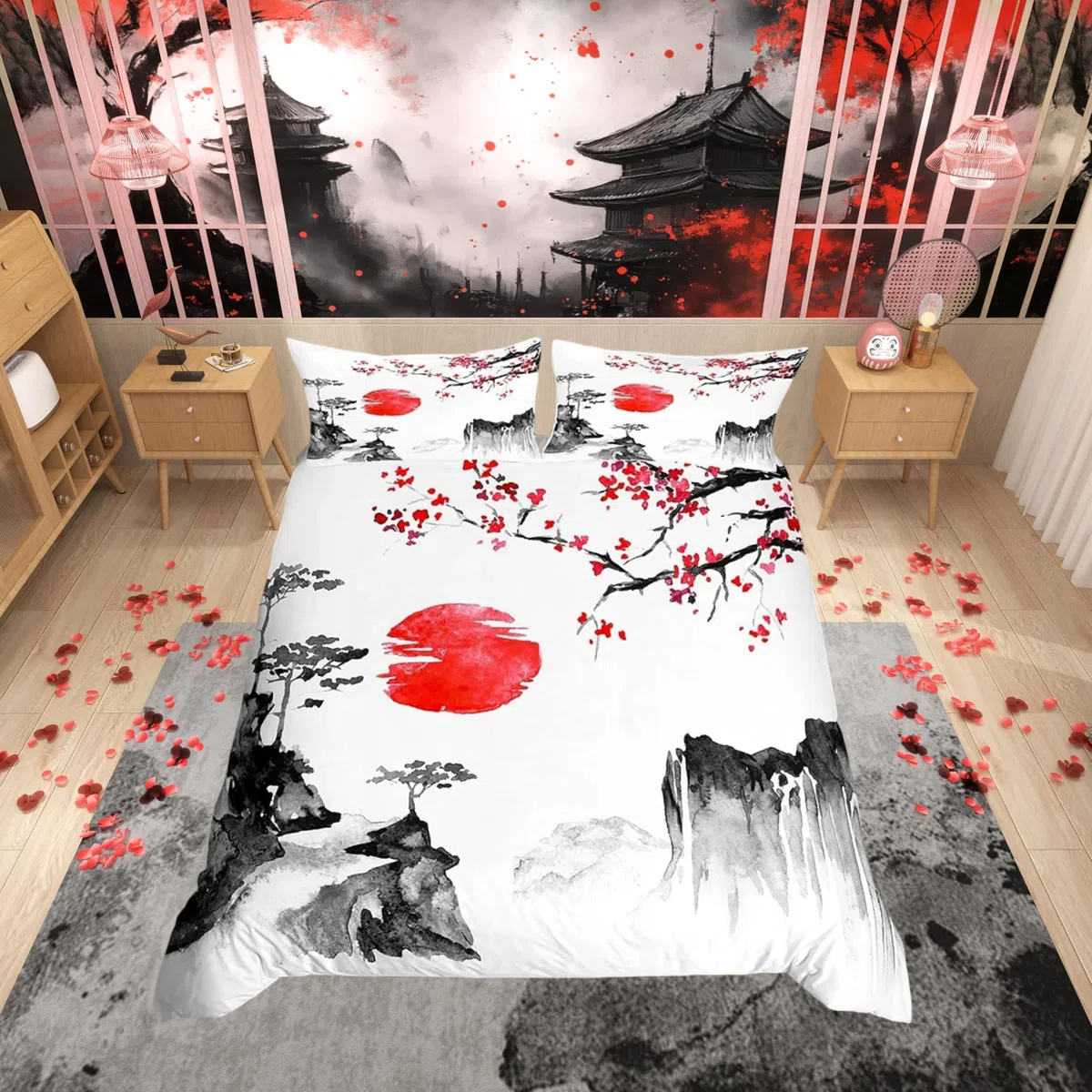 Loussiesd Set di Biancheria da Letto Ukiyoe Giapponese con Fiori di Ciliegio Rosso Sole, Copripiumino Esotico, 3 Pezzi, King Size