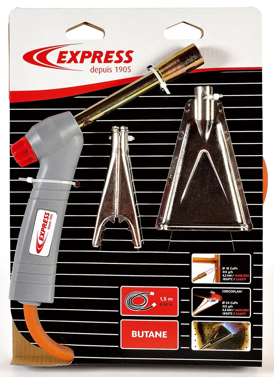 Express, 5200, Cannello a gas butano standard per idraulici + accessori - portata del gas 312 (g/h) - Potenza 4,3 kW - con accessori Cercoflam e lancia di sverniciatura a fiamma piatta