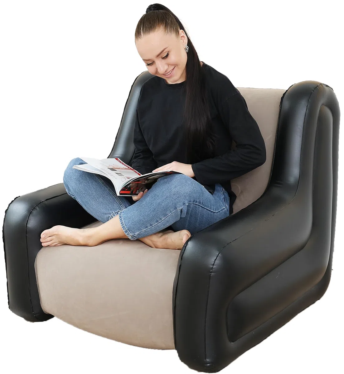 LONEEDY Sedia gonfiabile bicolore con braccioli, seduta gonfiabile, per sala giochi, campeggio, giardino, in morbido tessuto felpato, per adulti e bambini (cachi)